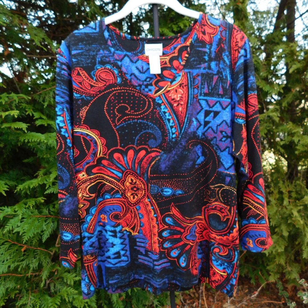 Chico's Colorful Print Rayon Blend 3/4 Sleeve Vneck Top - Picture 1 of 3